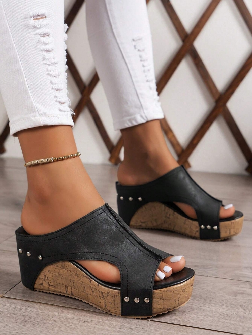 Black Cork Wedge Slide Sandals with Stud Accents - Women